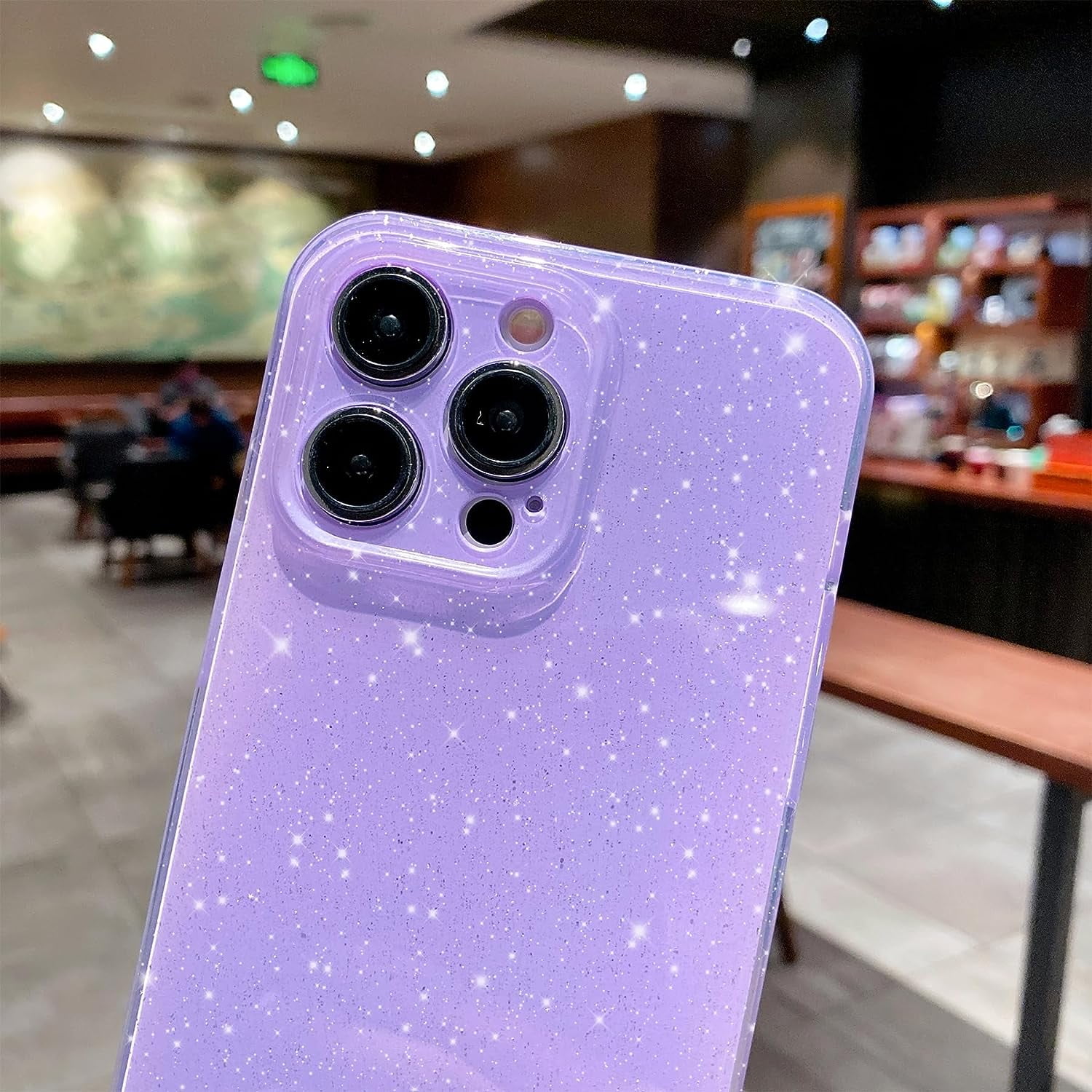 Cover Per IPhone 14 Pro Max Glitter Onde – Custodia In Silicone Morbido Con Carta Glitter Rimovibile – Viola Scuro Con Motivo Ricciolo