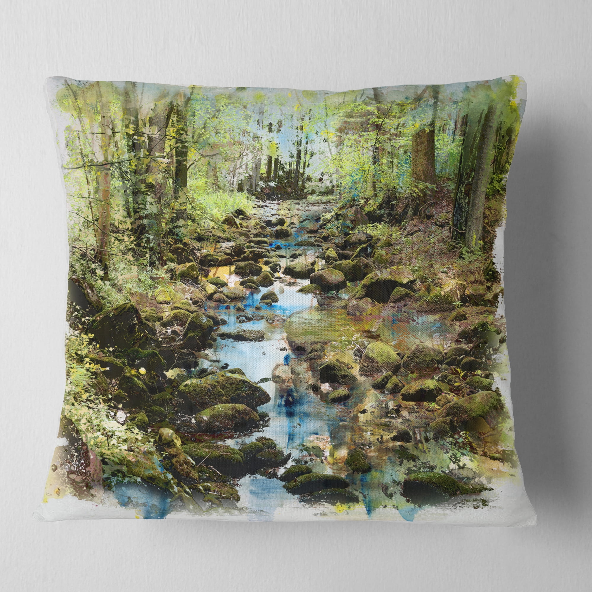 Designart Stream in the Forest - Landscape Painting Throw Pillow - 16x16