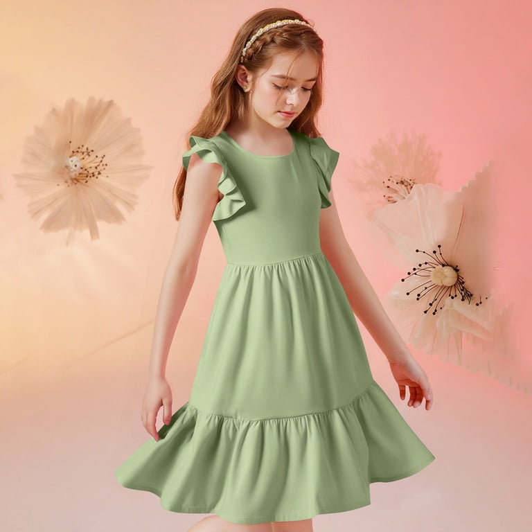 Girls Dresses Summer Casual Cute Flowy Dress Ruffle Short Sleeve Solid  Swing Dresses - Walmart.com