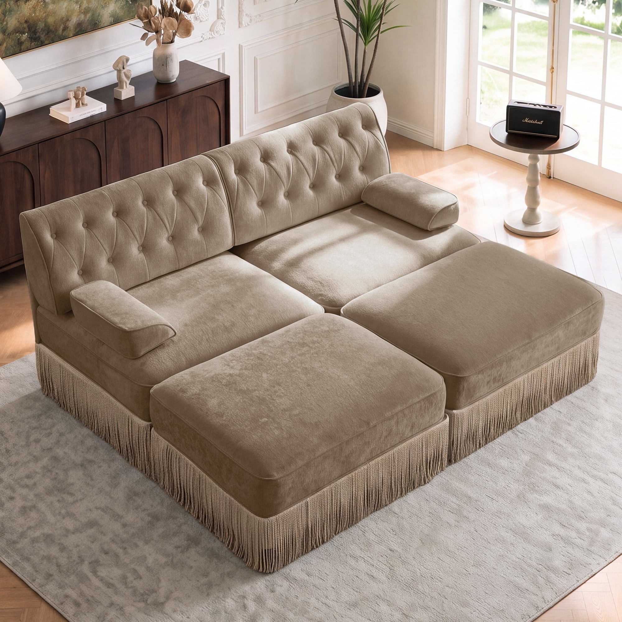76.6" Chesterfield L-Shaped Modular Sectional Loveseat Sofa Set with 2 Ottoman and Tassel Skirt, Easy to Assemble