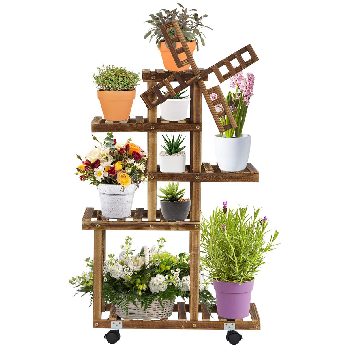 Multi Tier Windmill Flower Shelves Stands for Patio Garden Balcony Yard Wooden Plant Display Suitable for Outdoor & Indoor Use Wood Plant Stand