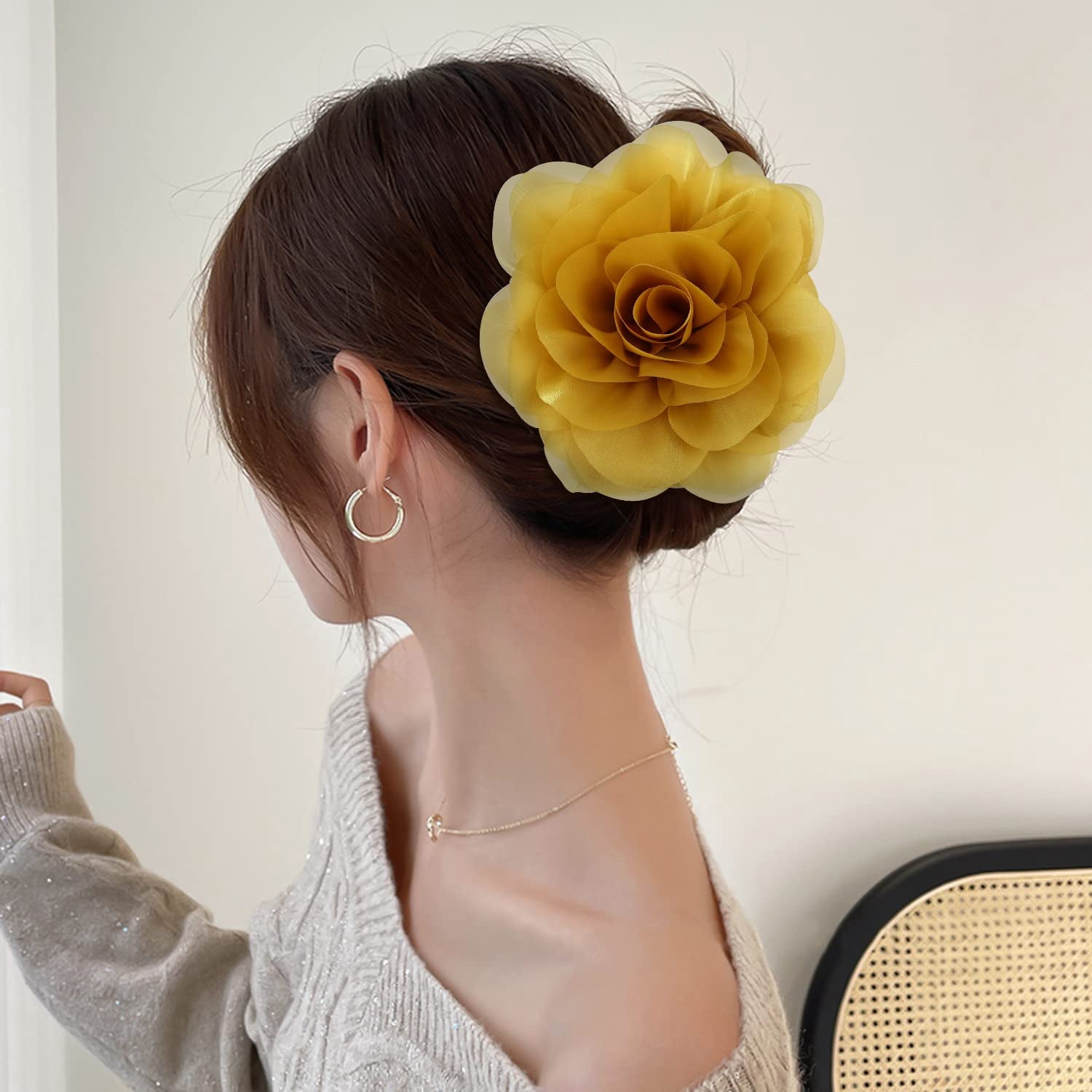 4 Pack Big Large Satin Rose Floral Flower Plastic Hair Claws Clips Bow Barrettes Clamps Bun Chignon Updo Holders Hair Accessories for Women Girls