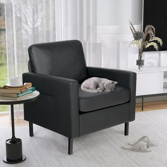 Coewske Faux Leather Accent Chair Modern Single Sofa Chair Armchair w/ Side Pockets Black