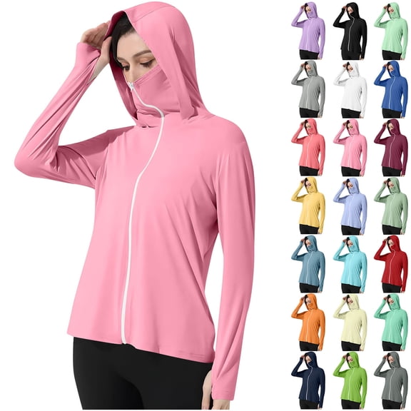 Gifts for Mom! BiZtdJrK Womens Sun Protection Shirts Lightweight Jacket Casual Zip Up Hoodie Workout Fishing Hiking Long Sleeve T-Shirt with Thumb Holes Beige S