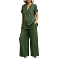 thumbnail image 3 of Botanical Embroidered Linen Set for Women, V-Neck Short Sleeve Tunic Top with Wide Leg Palazzo Pants - Boho Summer Vacation Co-ord Outfit Dark Green L, 3 of 8