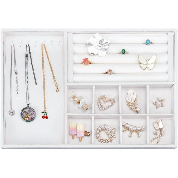 3 In 1 Multipurpose MDF Jewelry Trays Covered with Velvet Rectangle Antique White 34.7x24.3x3.1cm