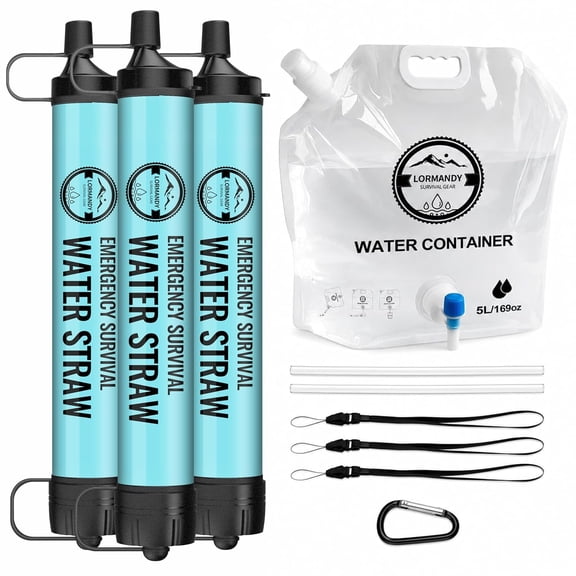 3 PACK Portable Water Filter Straw Mini Water Purifier Survival Gear for Emergencies, Hiking, Camping, Disaster Preparation-Light Blue