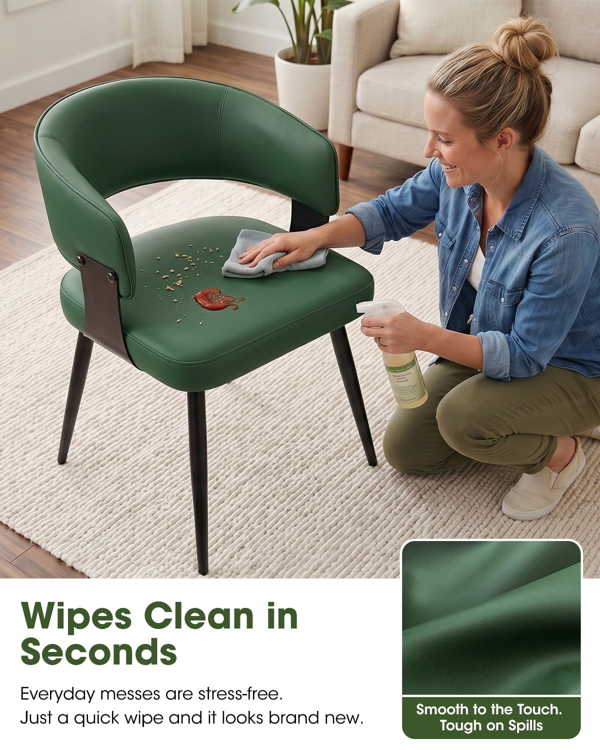 Dining Chairs Set of 4, Upholstered Faux Leather Dining Room Chair with Curved Open Back for Kitchen Living Room, Green