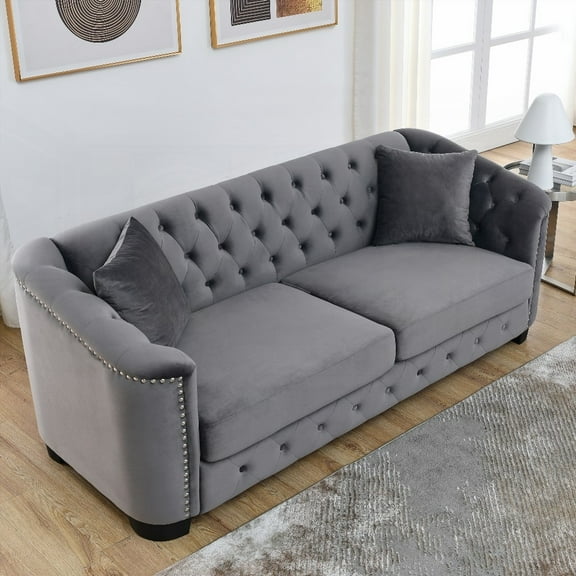 77-Inch Velvet Chesterfield 3-Seater Sofa | Classic & Comfortable | Grey