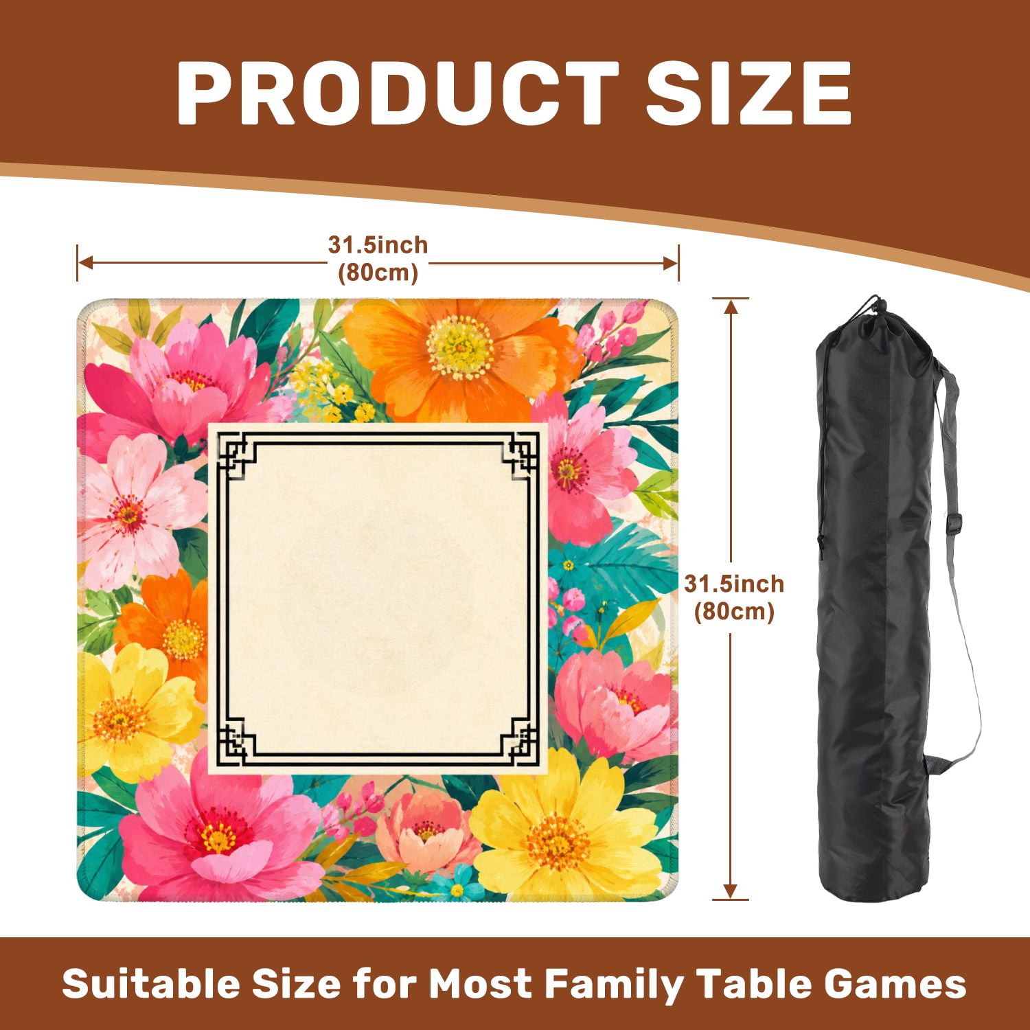 Mahjong Mat 31.5" x 31.5" Floral Vibrant Pink Orange Flowers Paisley Swirls Yellow Non-Slip Noise Reduction Mahjong Tiles Table Cover for Dominoes Poker Card Board and Tile Games