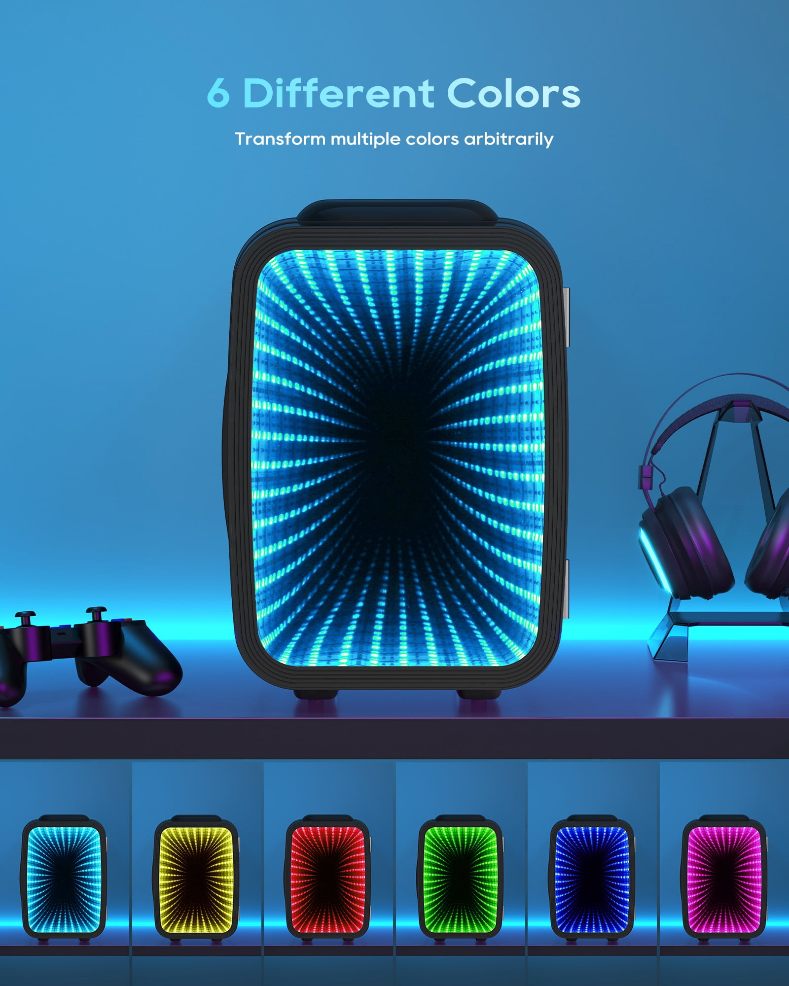 Aisutha Mini Fridge, 4 Liter/6 Cans Small Refrigerator With 6 Colorful Dimmable LED Light,Portable Cooler and Warmer mini fridge for Gaming room, Bedroom,Office and Car (Black)