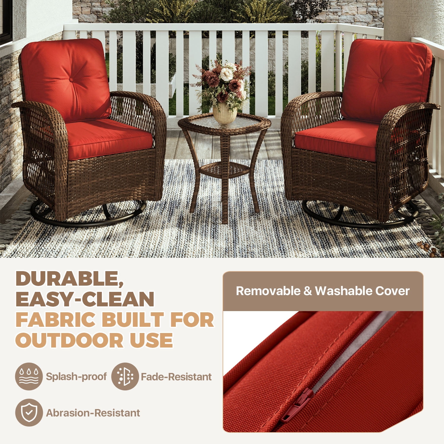 BaPiPro 6-Piece Outdoor Swivel Rocker Wicker Patio Furniture Set, All-Weather Resistant Brown Rattan Conversation Set with Wine Red Cushions & Tempered Glass Side Tables for Porch, Deck, Backyard