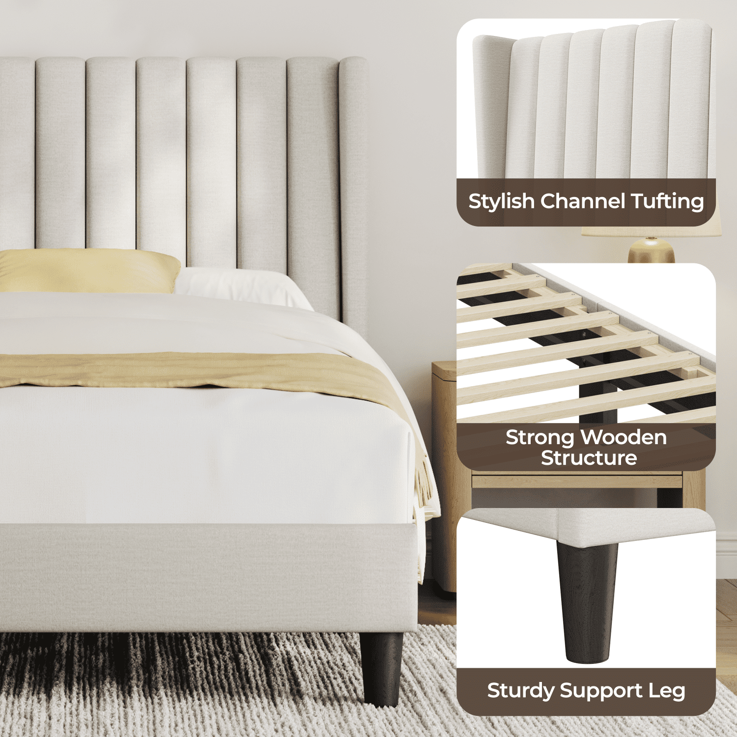 Renwick Twin Upholstered Bed Frame with Tufted Headboard, Ivory