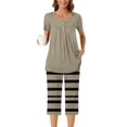 thumbnail image 6 of Busydd Womens Pajama Sets Fashion Loose Comfort Nightgowns for Women Casual Round Neck Solid Color Short Sleeve Pleated Button Up Tee Tops and Knee Length Striped Pants with Pockets, 6 of 7