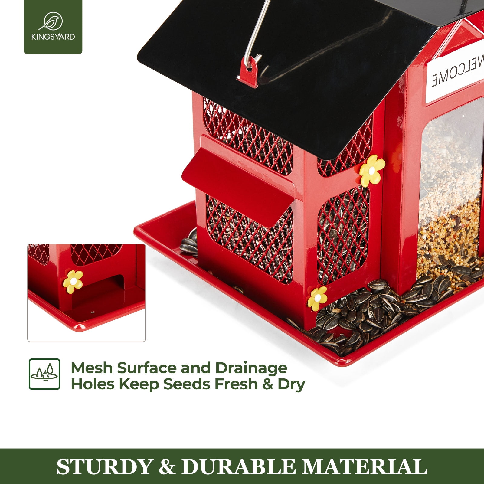 Kingsyard Metal Bird Feeder House for Outdoors Hanging, Triple Feeders for Finch Cardinal, Red