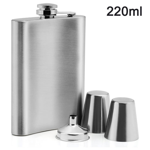 Hip Flask Made of Stainless Steel with 2 Schnapps Cups and A Filling Funnel In A Set - In A Gift Box - with Screw Cap - Pocket Bottle - Silver (Silver)