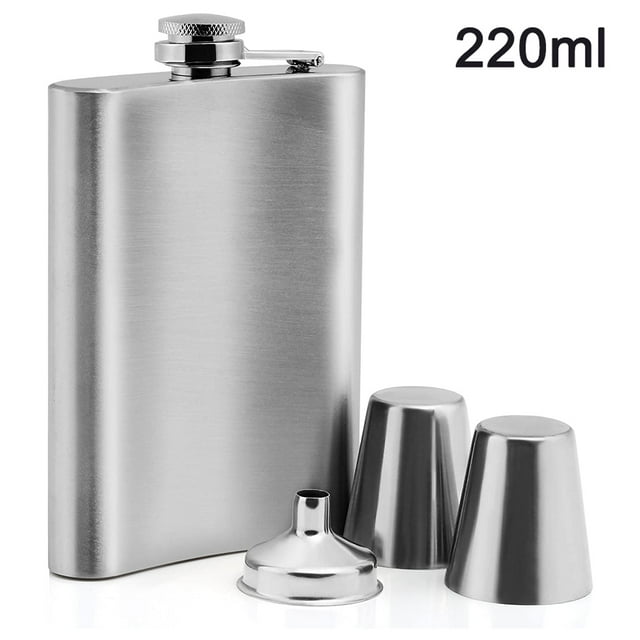 Petaca de acero inoxidable con 2 tazas de aguardiente y embudo de llenado en juego, en caja de regalo, con tapón de rosca, botella de bolsillo