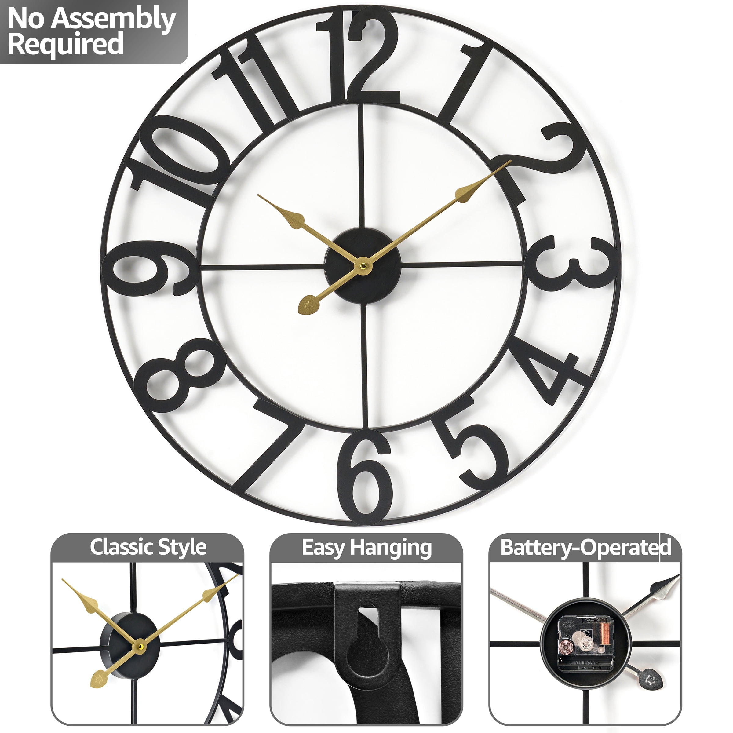 Sorbus Large Metal Numerical Wall Clock for Living Room Decor (Black, 16" Diameter)