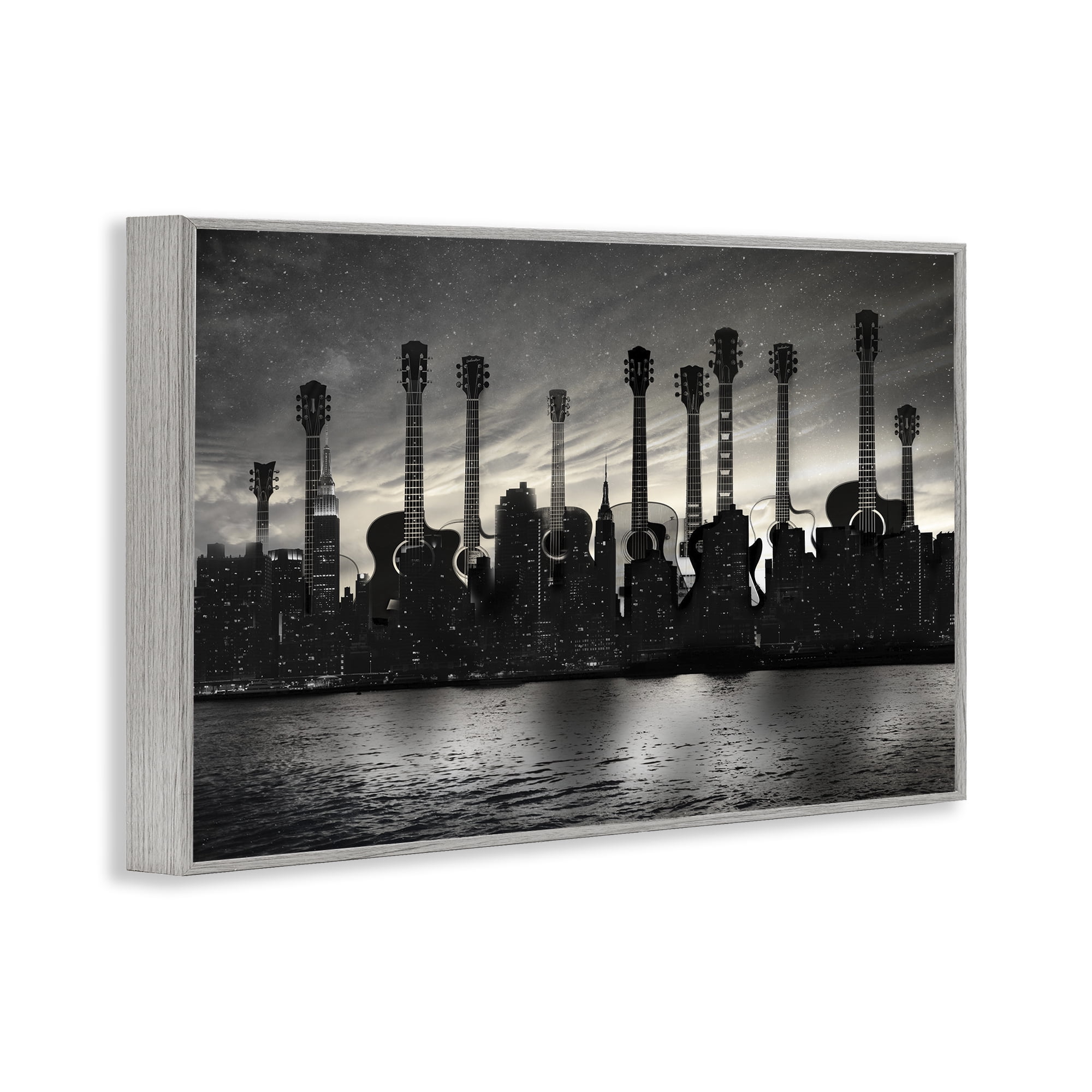 Stupell Industries Guitar Skyline Cityscape Gray Framed Giclee Art, design by CAD Designs