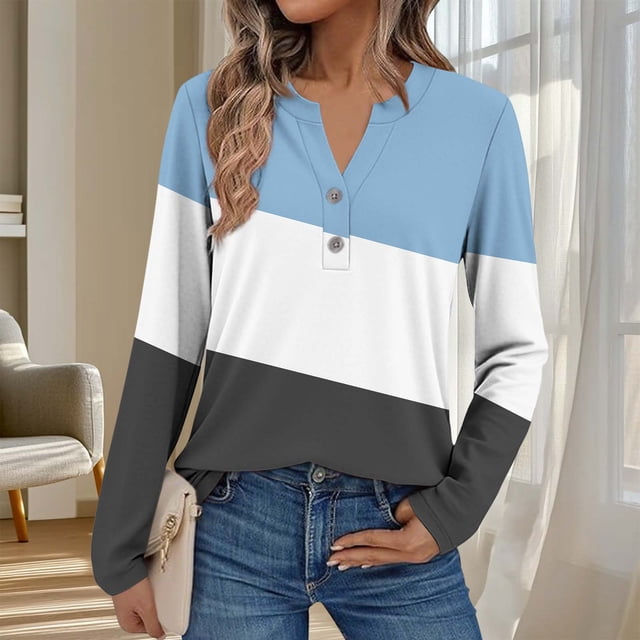 Ailaofu Womens Long Sleeve Tops Fall Button V Neck Graphic Shirts Dressy Casual Henley Tops Women Blouses