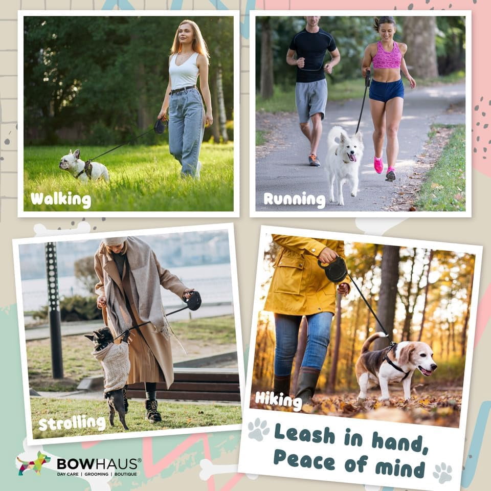 BOWHAUS Heavy Duty Retractable Dog Leash with One-Handed Brake, Pause, Lock, No Noise Pet Walking Leash for Tangle-Free Dog Walking, Not Easy to Jam, with Non-Slip Handle