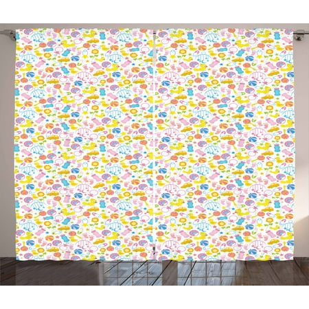 - Baby Curtains 2 Panels Set, An Assortment of Infant Items Toys Footprints Milk Bottles Flower Arrangement Design, Window Drapes for Living Room Bedroom, 108W X 96L Inches, Multicolor, by Ambesonne