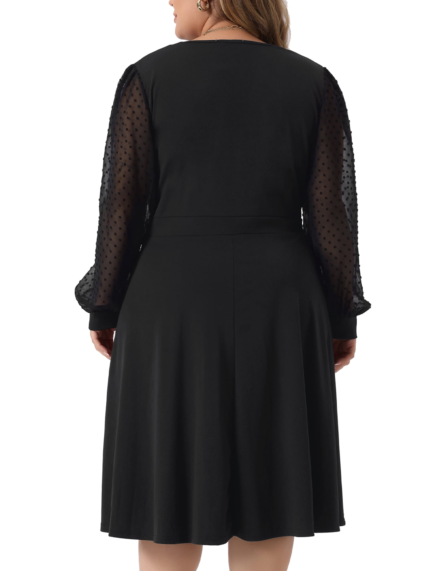 DARING DIVA Plus Size Swiss Dots Wrap V Neck Knee Length Dress 2X Black