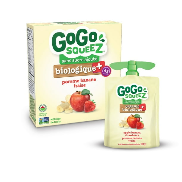 Compote de fruits GoGo squeeZ, pomme fraise, sans sucre ajouté. 90 g par  gourde, emballage de 4 4 gourdes x 90 g (360 g) 