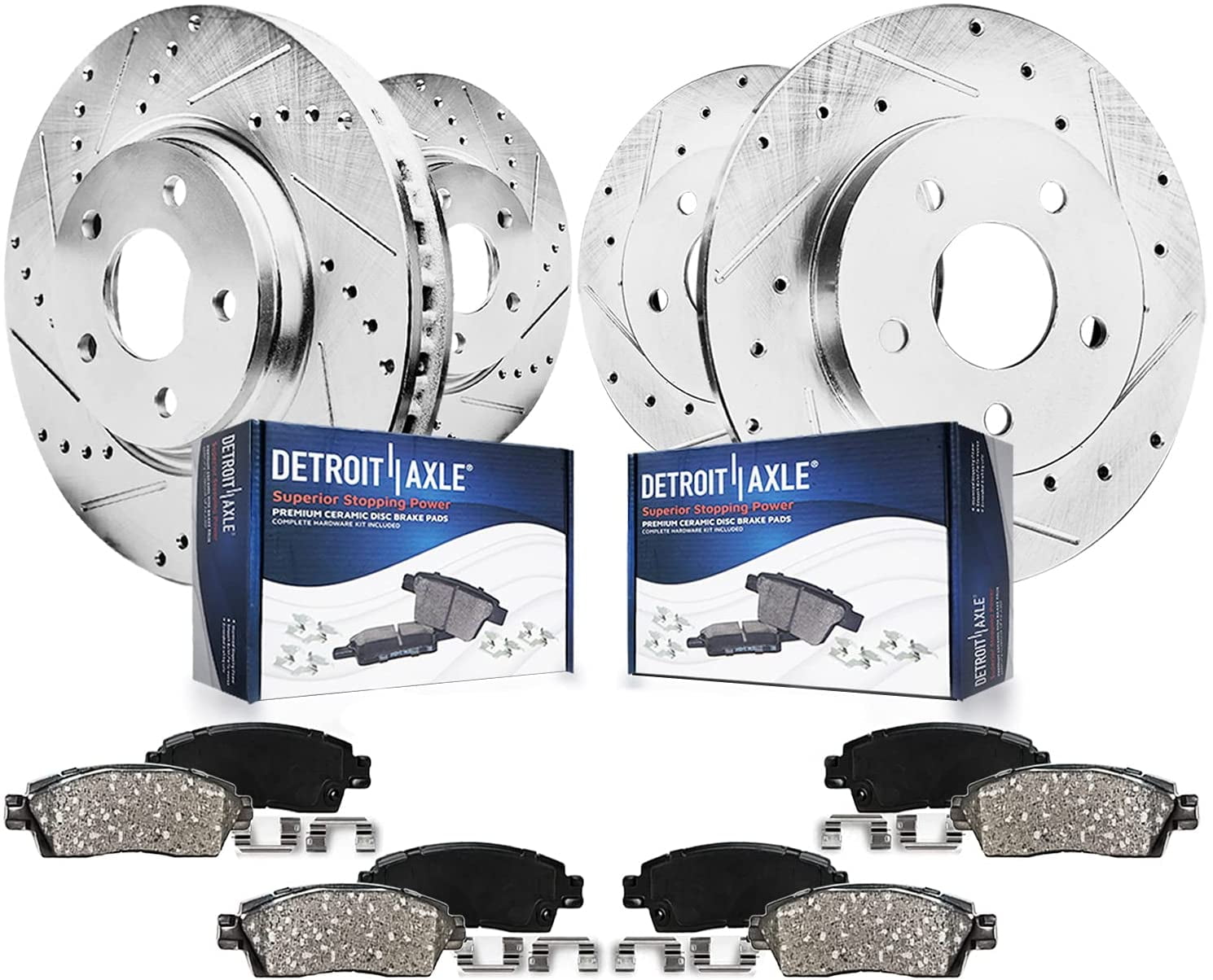 Front and Rear Premium Brake Rotors Drilled & Slotted with Ceramic Pads 