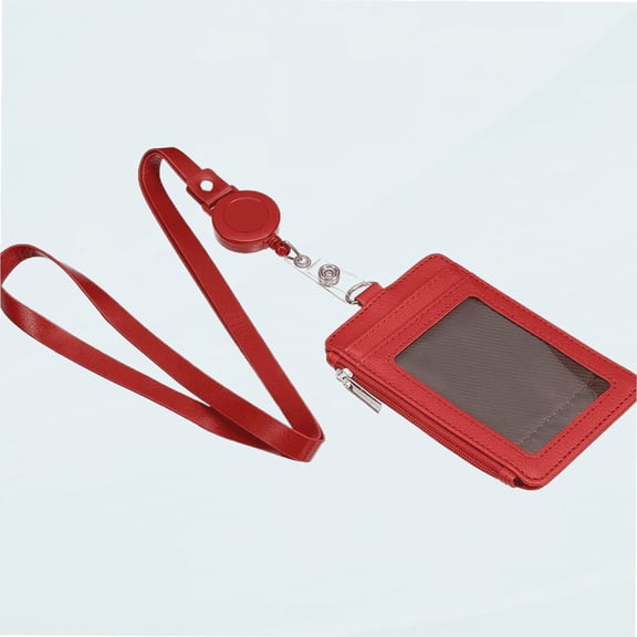 ID Badge Holder with Retractable Reel Lanyard, Vertical PU Leather 5 Card Slots Zipper Portable Wallet Clear Window for Office, Red