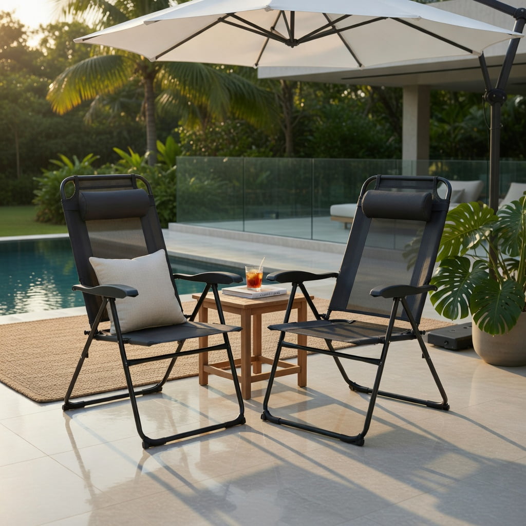 Hommoo 2-Pack Outdoor Adjustable Folding Recliner Chairs, 7-Position Backrest, Steel Frame & Breathable Oxford Fabric, Heavy-Duty Patio, Camping & Poolside Seating, Gray