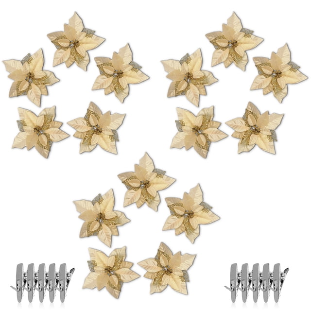 Billuyoard 15 Uds. De flores artificiales de Navidad, adornos de árbol de Navidad con purpurina hueca, flor falsa, decoraciones de Año Nuevo de Kits de decoración para fiestas oro 15PCS