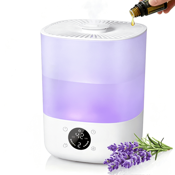 AIRFIRE 4L Cool Mist Humidifier with Auto Humidity Control and Timer for Large Room, Essential Oil Diffuser Air Humidifiers for Bedroom, Overnight Use, Quiet Run, Night Light, White