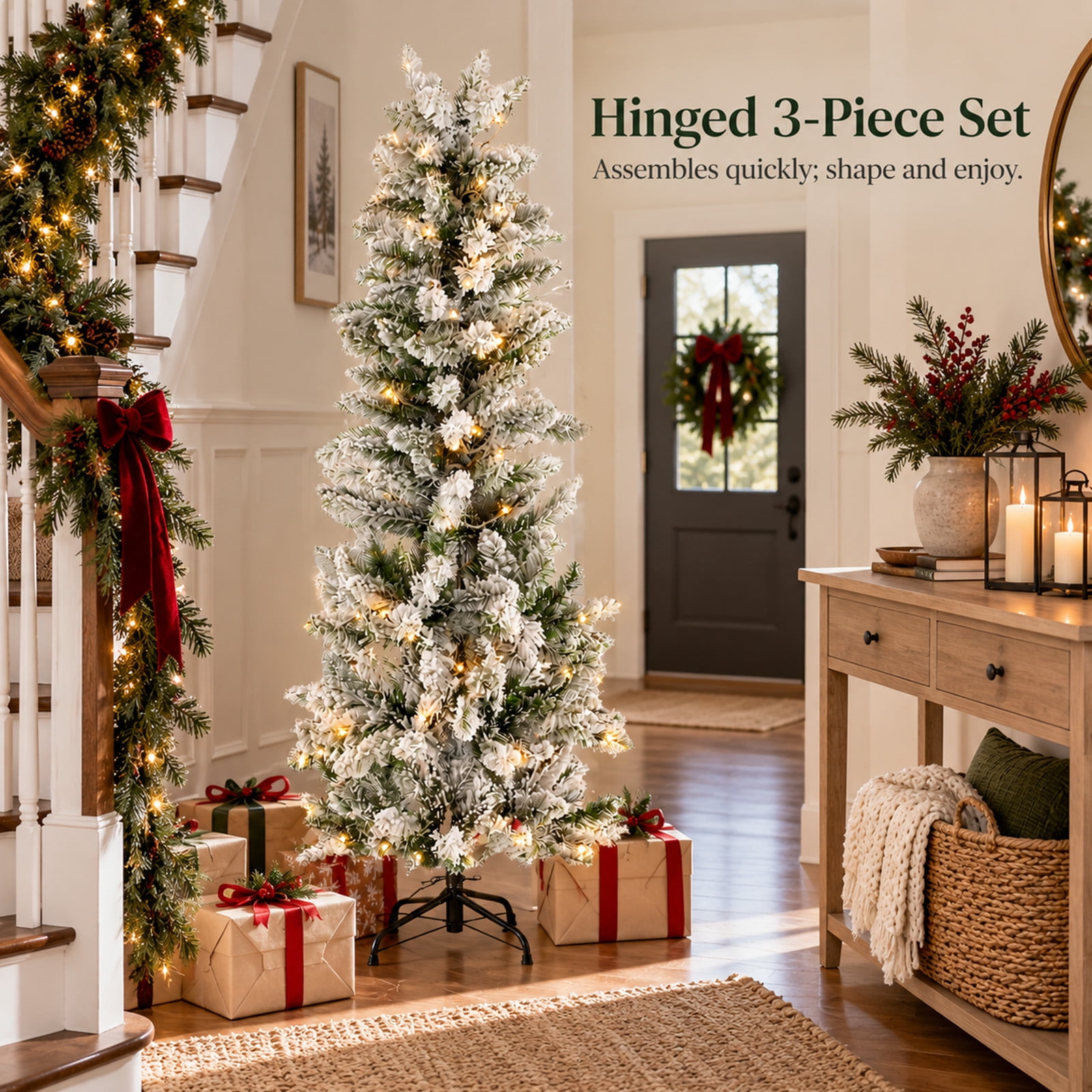 Alvantor Pre-Lit Flocked Pencil Christmas Tree with 8 Modes, White, 9FT