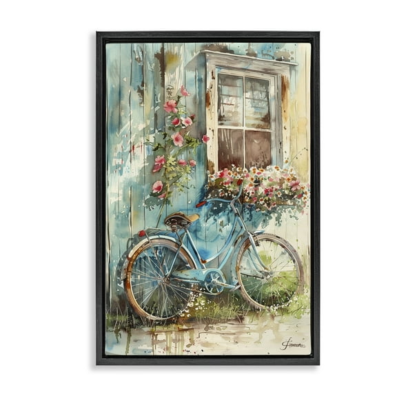Stupell Industries Leaning Spring Bicycle Transportation Painting Black Floater Framed Canvas Art Print Wall Art, 17 x 25