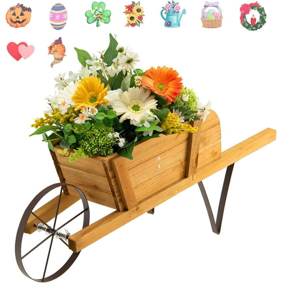 FGYRYK Wooden Wagon Planter, Small Wheelbarrow Wagon Flower, Indoor & Outdoor Raised Bed W/ 9 Magnetic Accessories, Wheel, 2 Handle, Wood Flower Cart Planter for Garden Backyard Holiday (Walnut)
