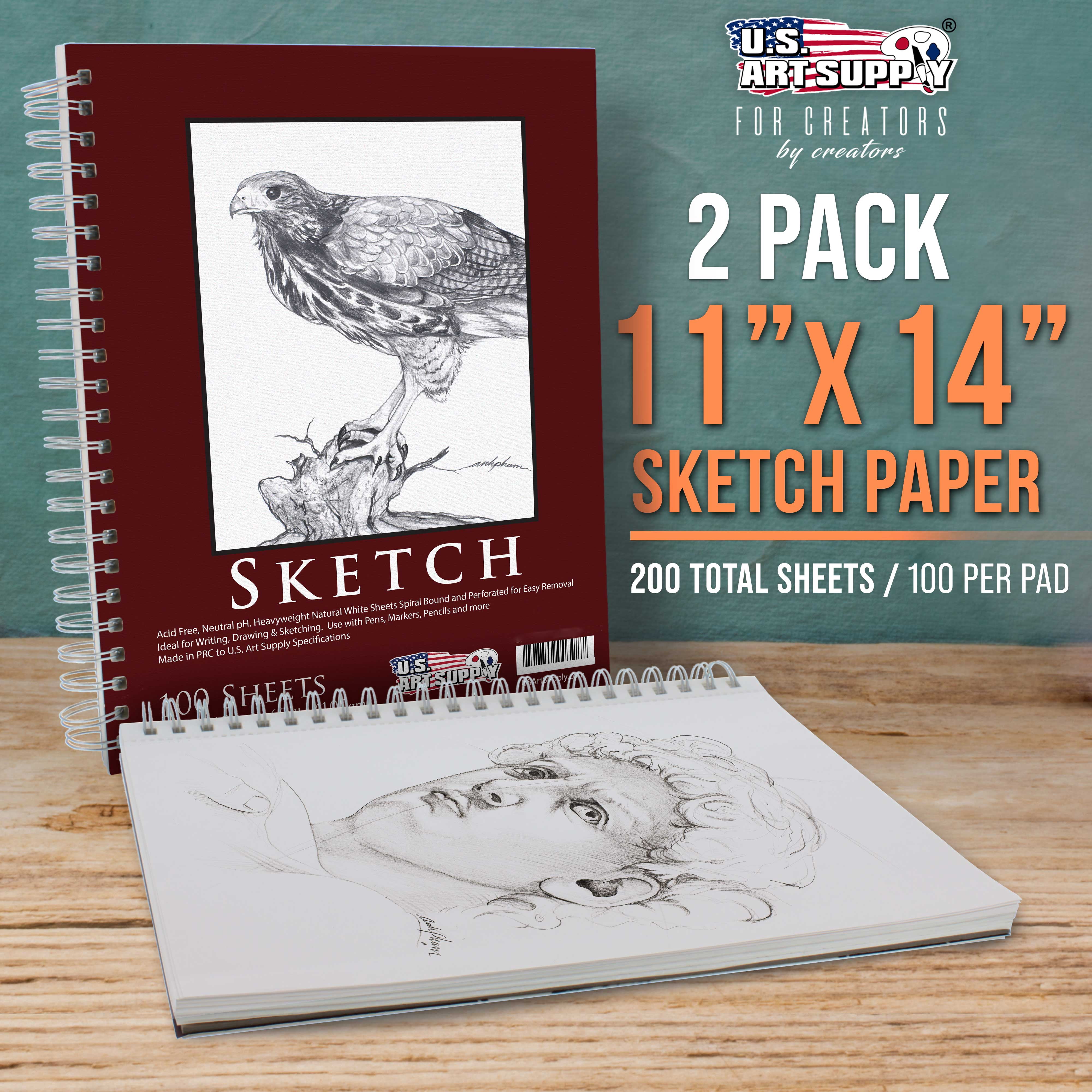 U.S. Art Supply 11" x 14" Left Hand Spiral 60lb Sketch Drawing Pad (Pack of 2)