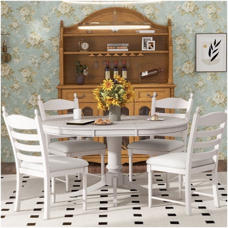 Farmhouse Dining Set 5-Piece Antique White Round Table with Leaf and 4 Padded Chairs Solid Rubber Wood