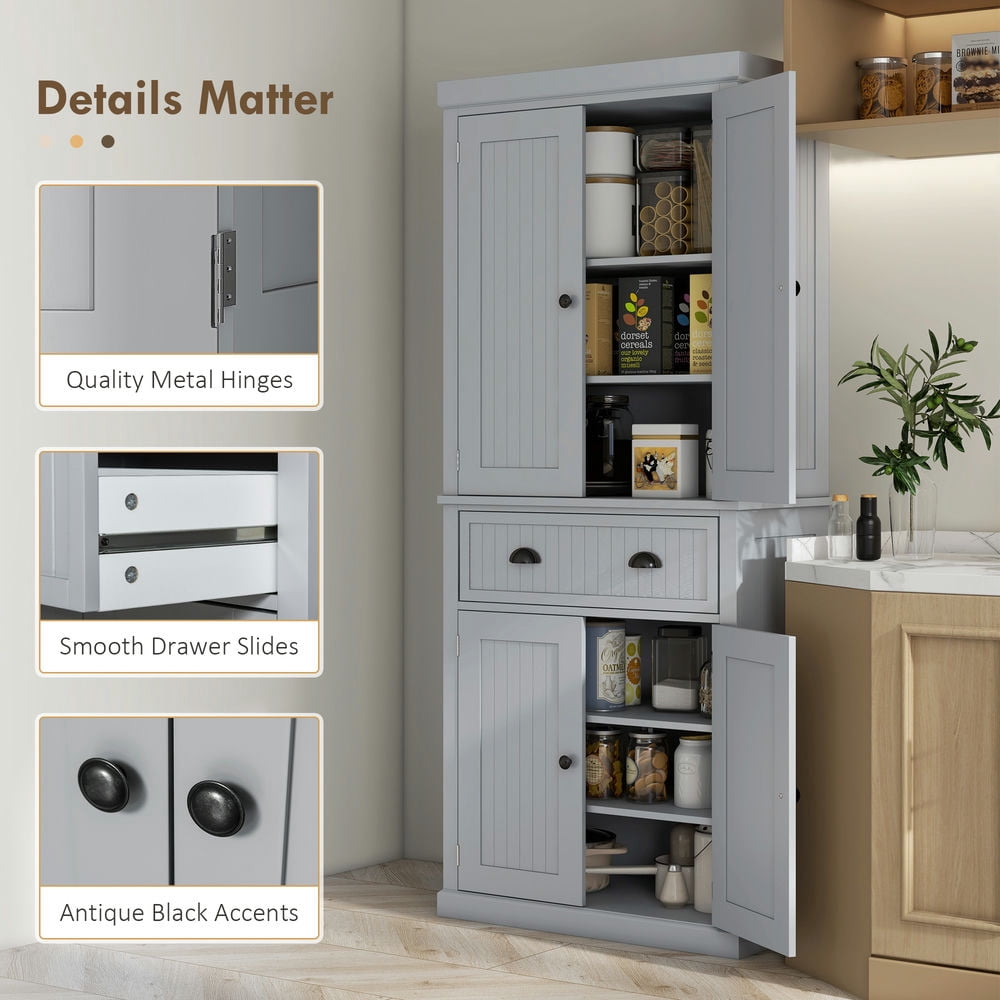 GVN Kitchen Pantry,72" Kitchen Pantry Cabinet, Freestanding Tall Storage Cabinet, Traditional Kitchen Cabinet, Gray