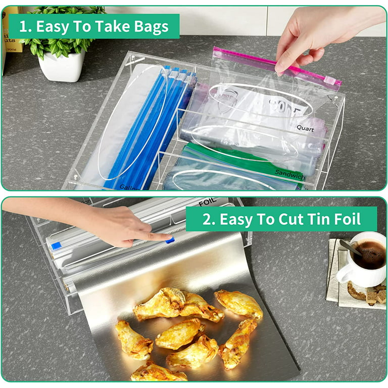 6 in 1 Food Bag & Plastic Wrap Storage Organizer, Acrylic Food Freezer  Baggie Tin Foil Dispenser Holder With Cutter, Compatible With Cling Wrap,  Wax, Foil, Gallon, Quart, Sandwich, Snack 
