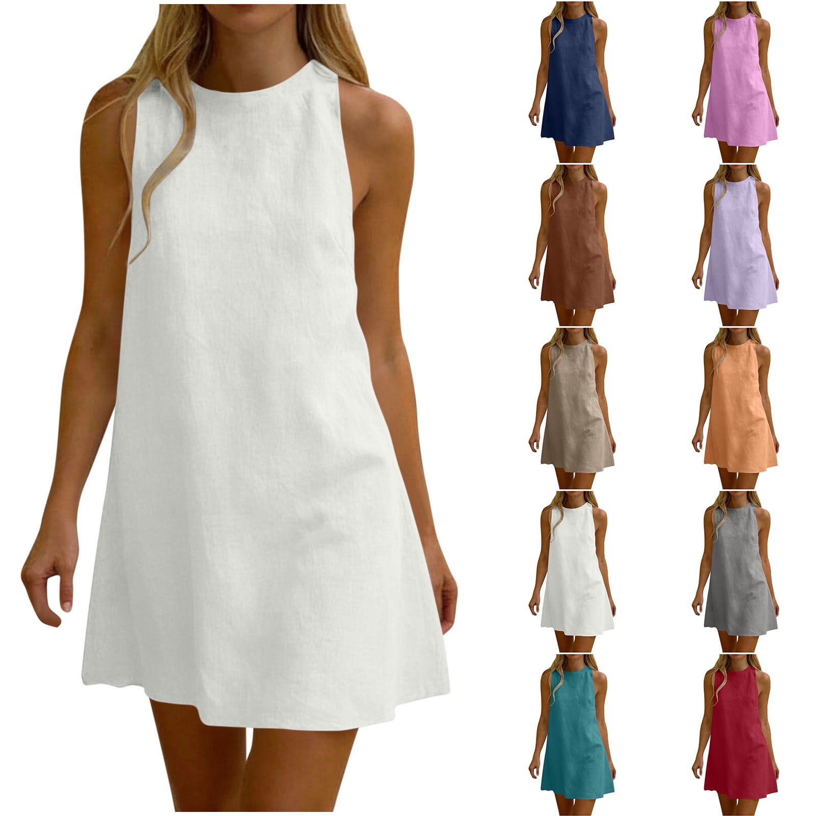 Ailaofu Womens Summer Midi Casual Dresses Kids Sleeveless Crewneck Solid Color Skirt Sundress Vacation Beach Travel
