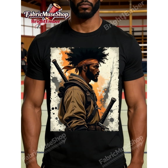 Retro Black Samurai Warrior Graphic Tee - Urban African Streetwear Men's T-Shirt - Vintage Katana Sword Art Top