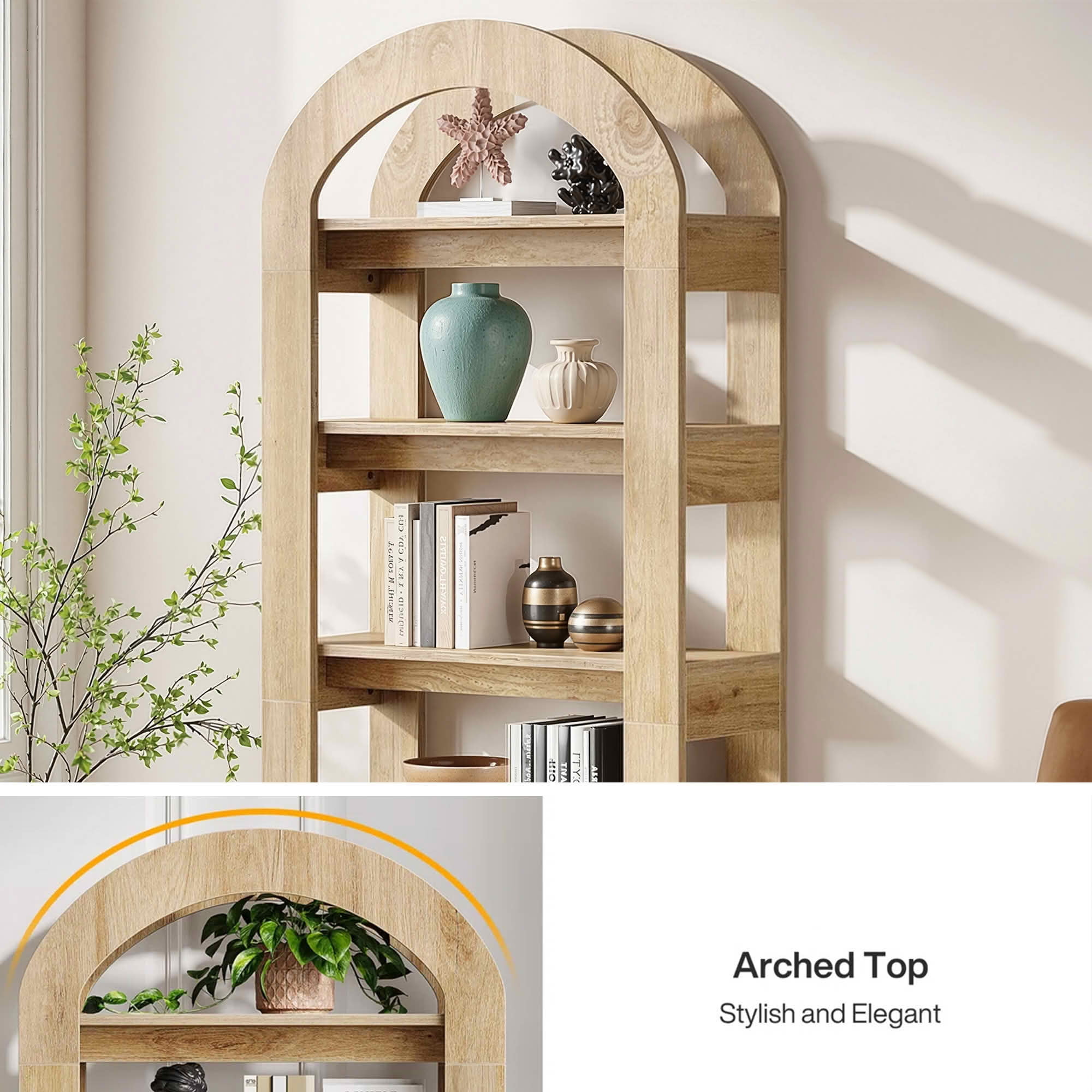 MAYEERTY Modern Arched 5-Tier Tall Bookcase, Heavy Load Storage Display Shelf, Multi-Functional Room Divider for Home & Classroom