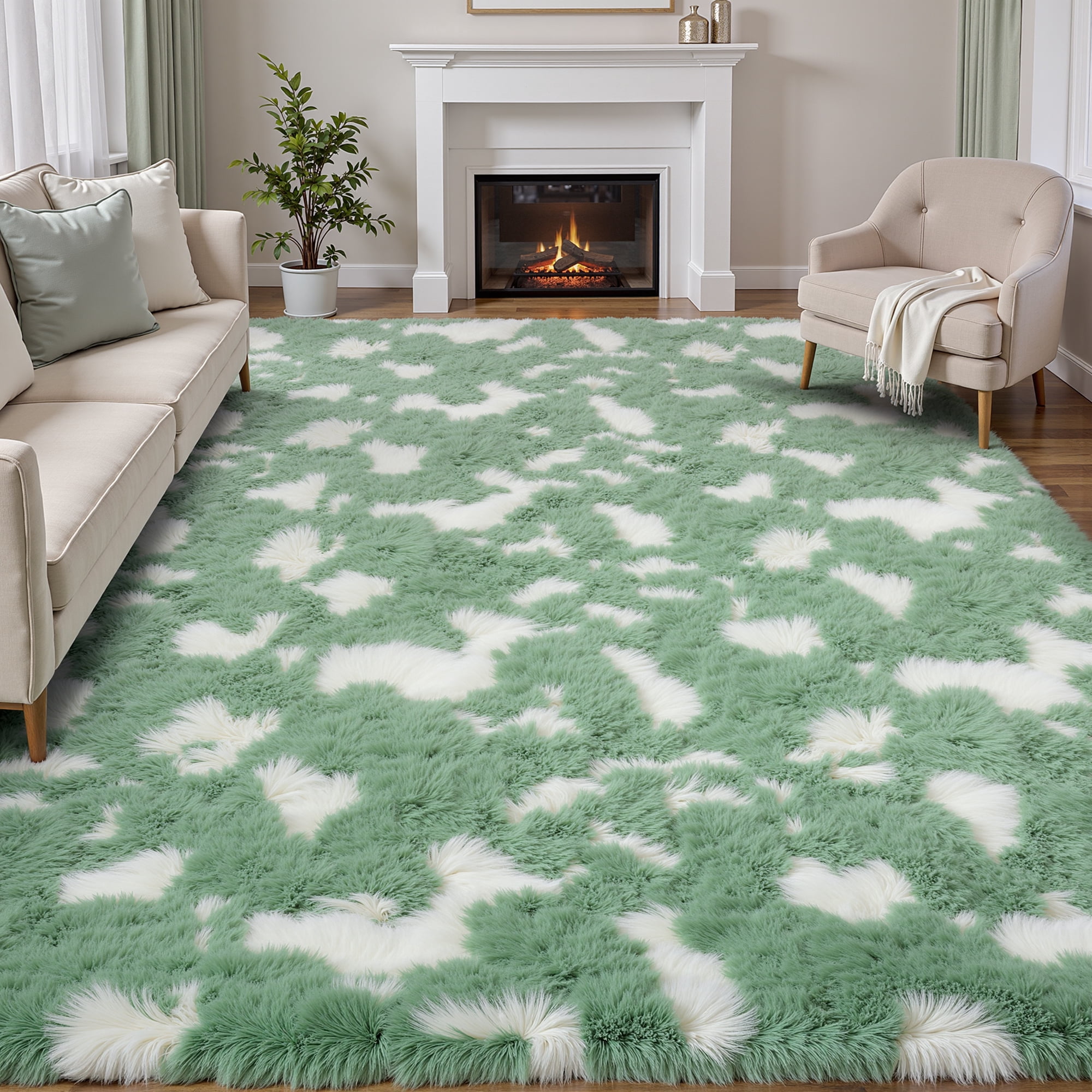 Lalado 5ft x 8ft Shag Area Rug, Soft Fluffy Indoor Tie-Dye Area Rugs for Living Room Bedroom Decor Carpet, Green & White