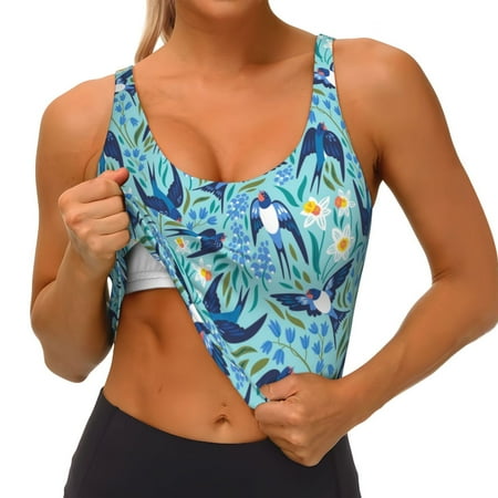 Qokaie Flying Swallows Pattern Womens Scoop Neck Sports Bra Breathable Workout Vest Padded U Back Medium Impact Fitness Gym Yoga Bra Workout Crop Top
