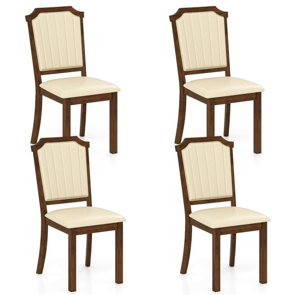 Costway Dining Chair Set of 4 Upholstered Kitchen Chair with PU Leather & Rubber Wood Frame