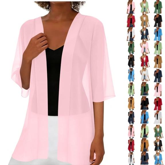 Qingpeng Womens Sheer Shrug 3/4 Sleeve Crop Cardigan Tops Dress Lightweight Summer Chiffon Cover Up Shirts for Beach Vacation
