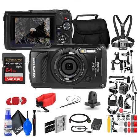 OM SYSTEM Olympus Tough TG-7 Black Underwater Camera with 50-Piece Accessory Kit, Extra Battery, and 64GB Memory Card