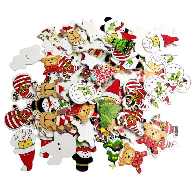 100 Assorted Christmas Tree Rindeer Snowman Santa Claus 2 Holes Wood Wooden Buttons Embellishments DIY Card Crafts Sewing