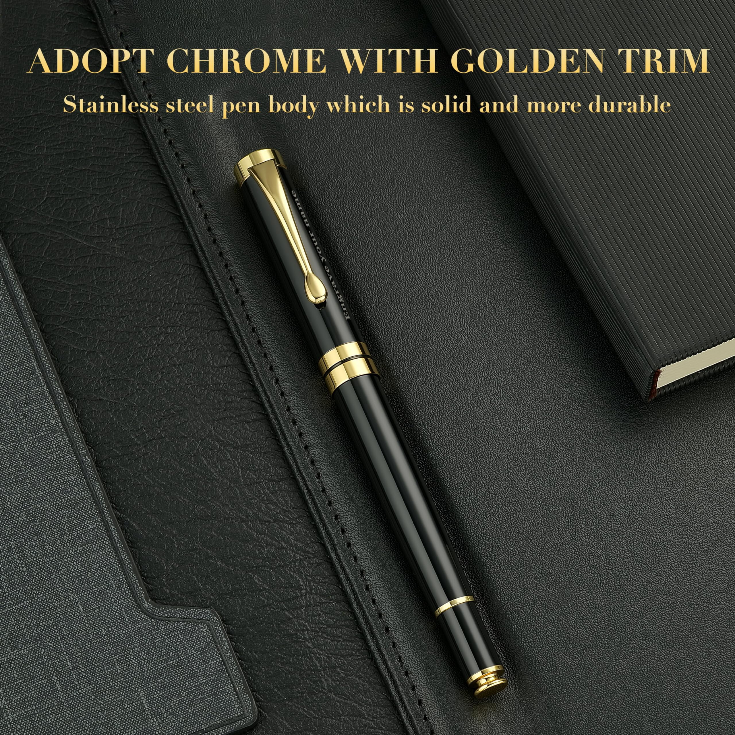 Personalized Ballpoint Pens  Stunning Black Chrome Metal Pen With Golden Trim Ball Gift Set For Men & Women Executive Office Nice Pens-gift Box 0.5mm Extra Refill